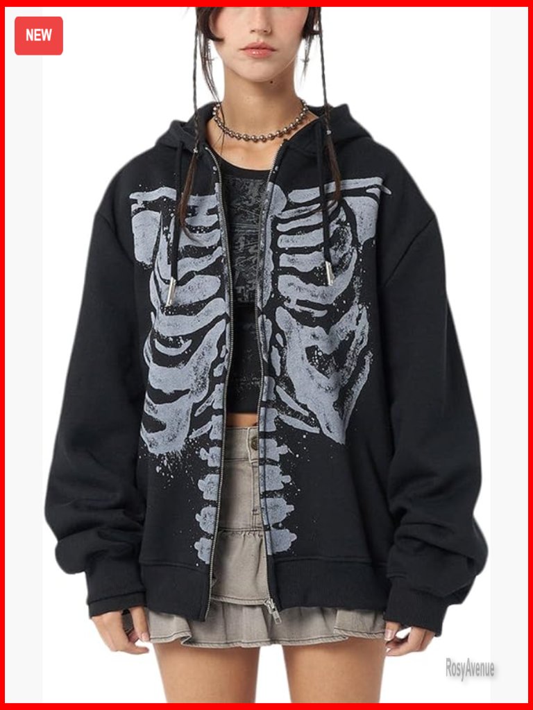 Y2k Zip Up Hoodie Oversized Grunge Sweatshirt Long Sleeve Emo Streetwear